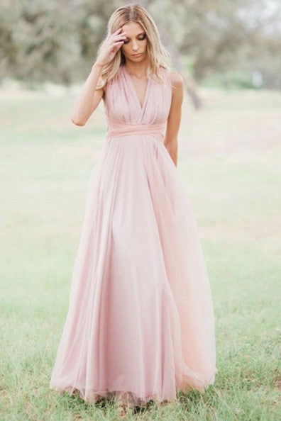 Blush Pink V-Neck Lace-Up A-Line Bridesmaid Dress