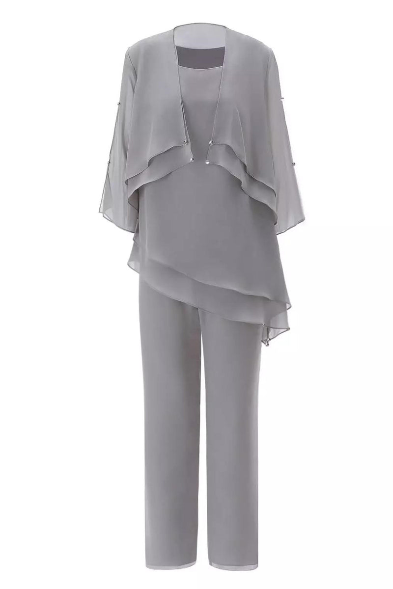 Grey Ruffles Round Neck Mother of the Bride Pant Suits