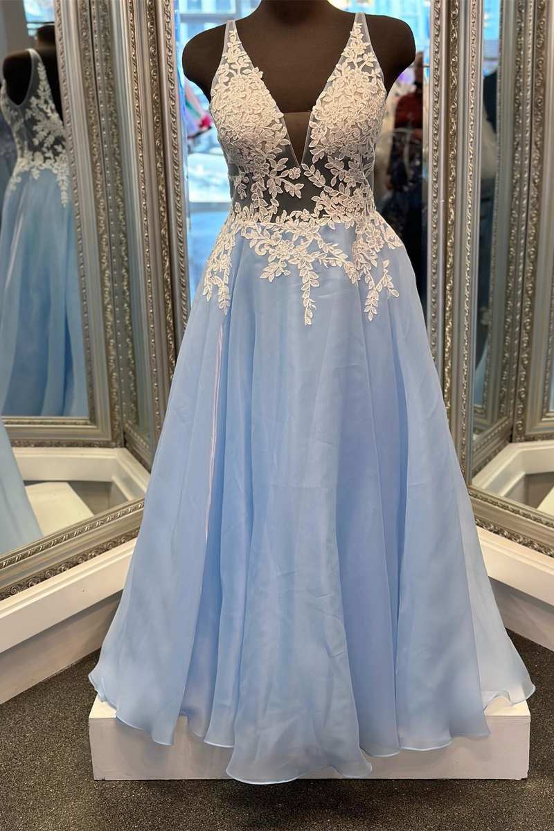 Light Blue Floral Lace Open Back A-Line Prom Dress – Dreamdressy