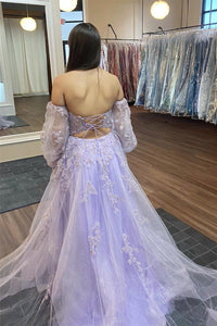 Lilac A-Line Tulle Off-Shoulder Lace-Up Back Long Prom Dress