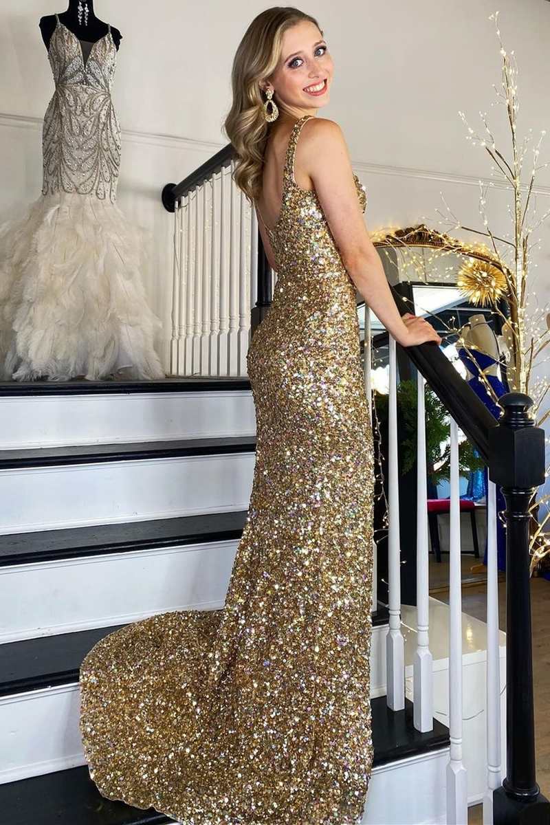 Gold Sequin Square Neck Backless Mermaid Long Formal Dress with Slit