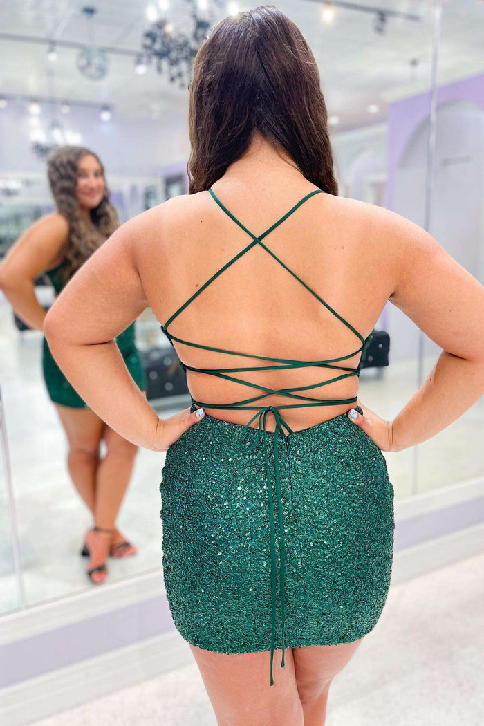Emerald Sequin Lace-Up Short Homecoming Dress
