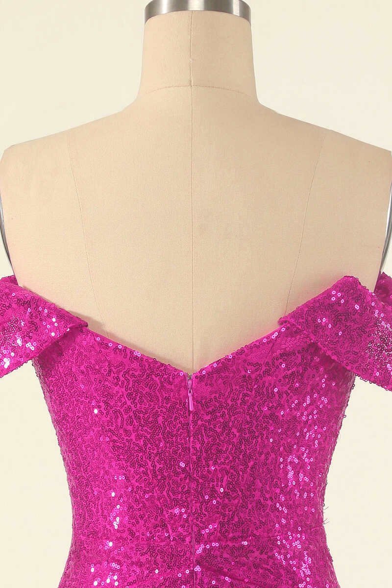 Neon Pink Sequins Off-the-Shoulder Mini Homecoming Dress