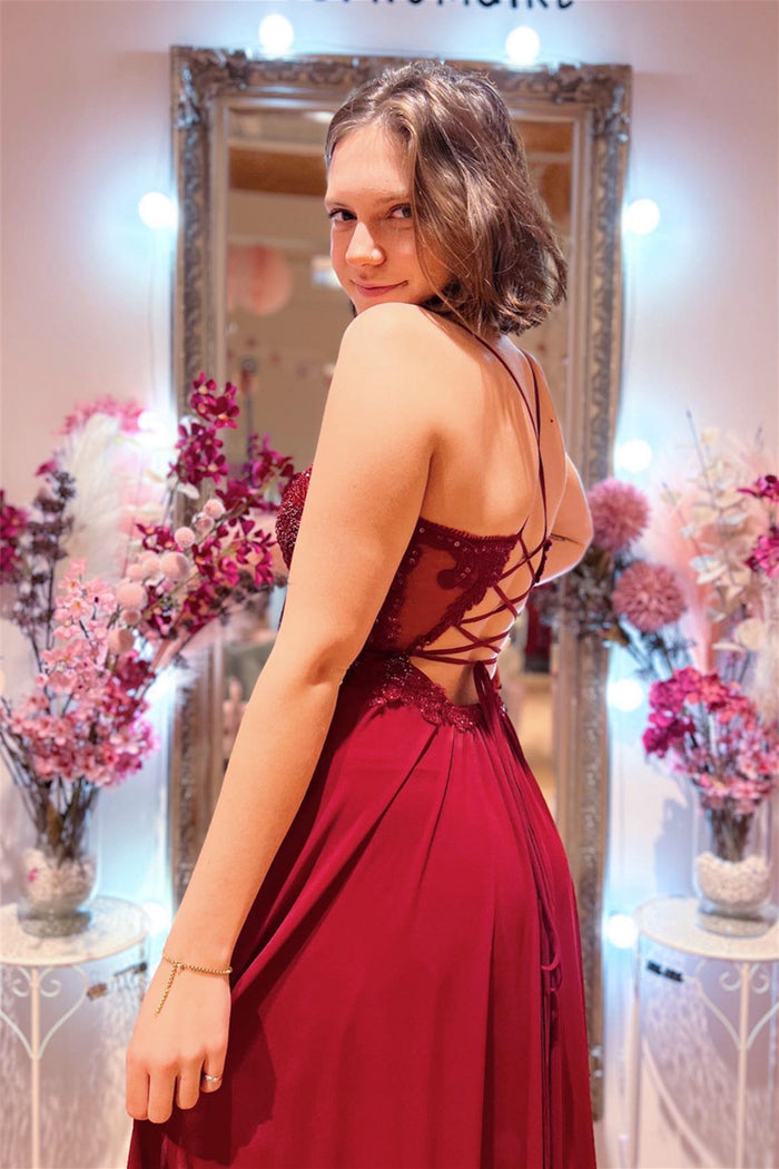 Red Plunging V Neck Lace-Up Back Beaded Appliques Long Prom Dress with Slit