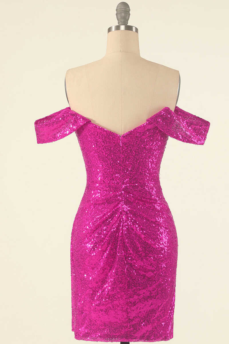 Neon Pink Sequins Off-the-Shoulder Mini Homecoming Dress