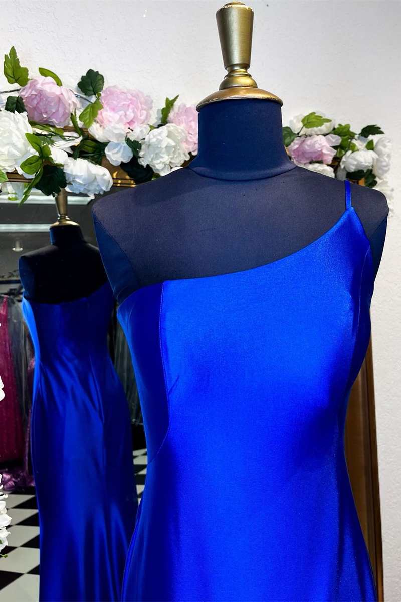 One-Shoulder Royal Blue Mermaid Long Dress with Slit