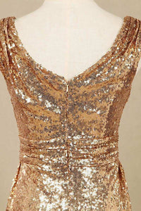 Gold Sequin V-Neck Long Bridesmaid Dress