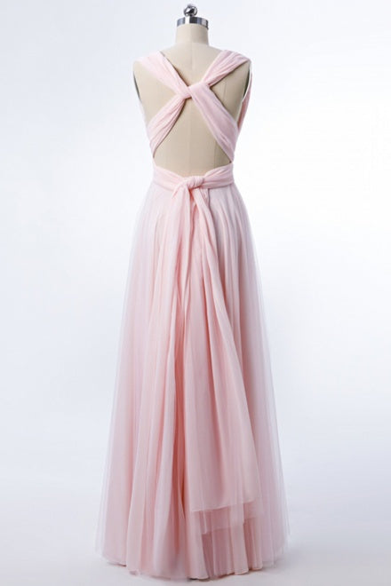 Blush Pink V-Neck Lace-Up A-Line Bridesmaid Dress