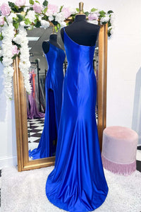One-Shoulder Royal Blue Mermaid Long Dress with Slit