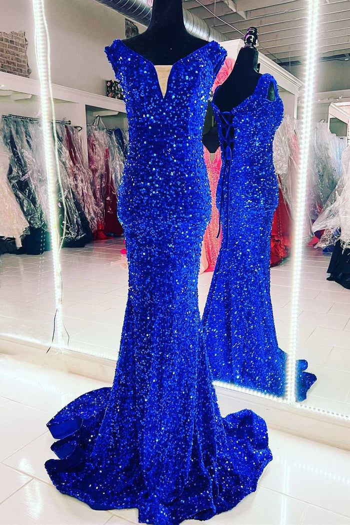 Blue Sequin V-Neck Lace-Up Mermaid Long Formal Dress