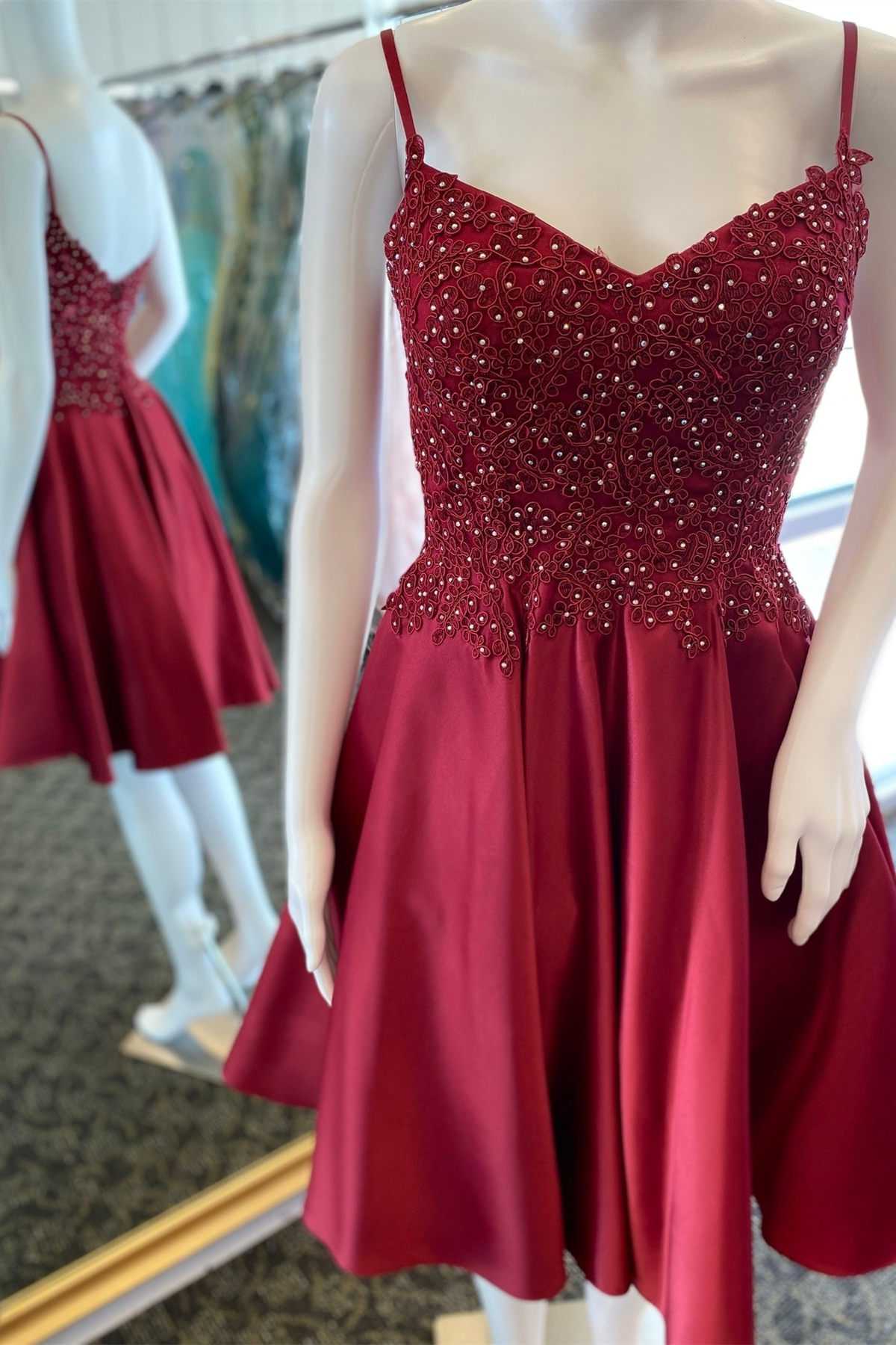 A-Line Wine Red Beaded V-Neck Homecoming Dress