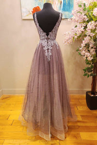 Mauve Tulle Lace Plunge V A-Line Prom Dress with Slit