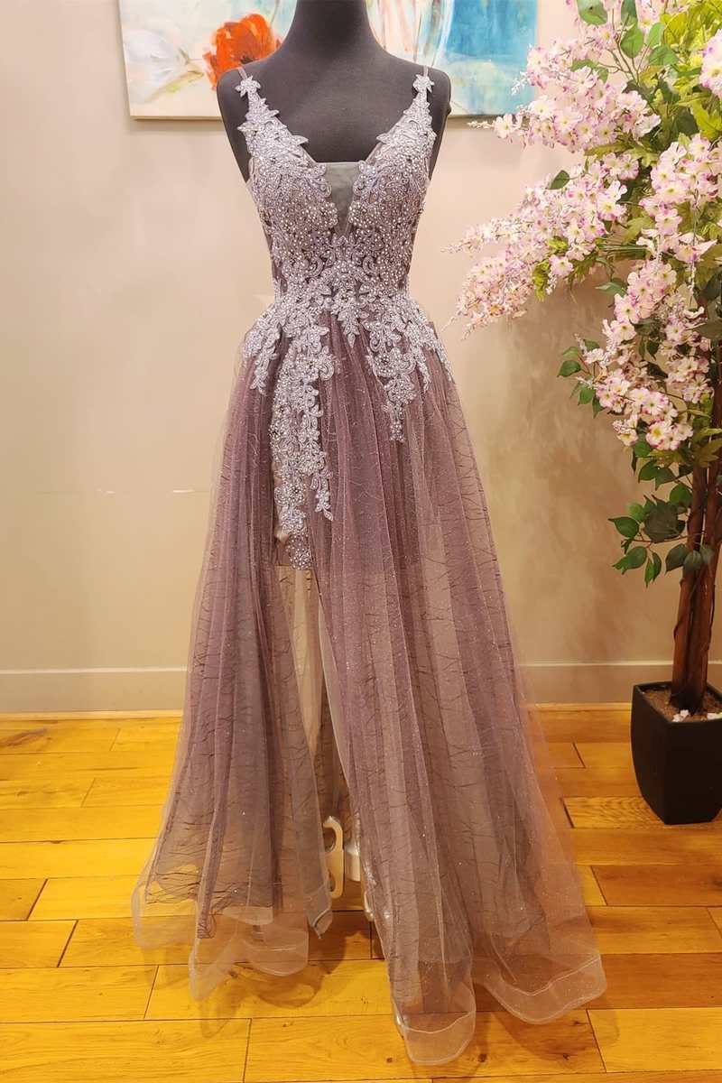 Mauve Tulle Lace Plunge V A-Line Prom Dress with Slit