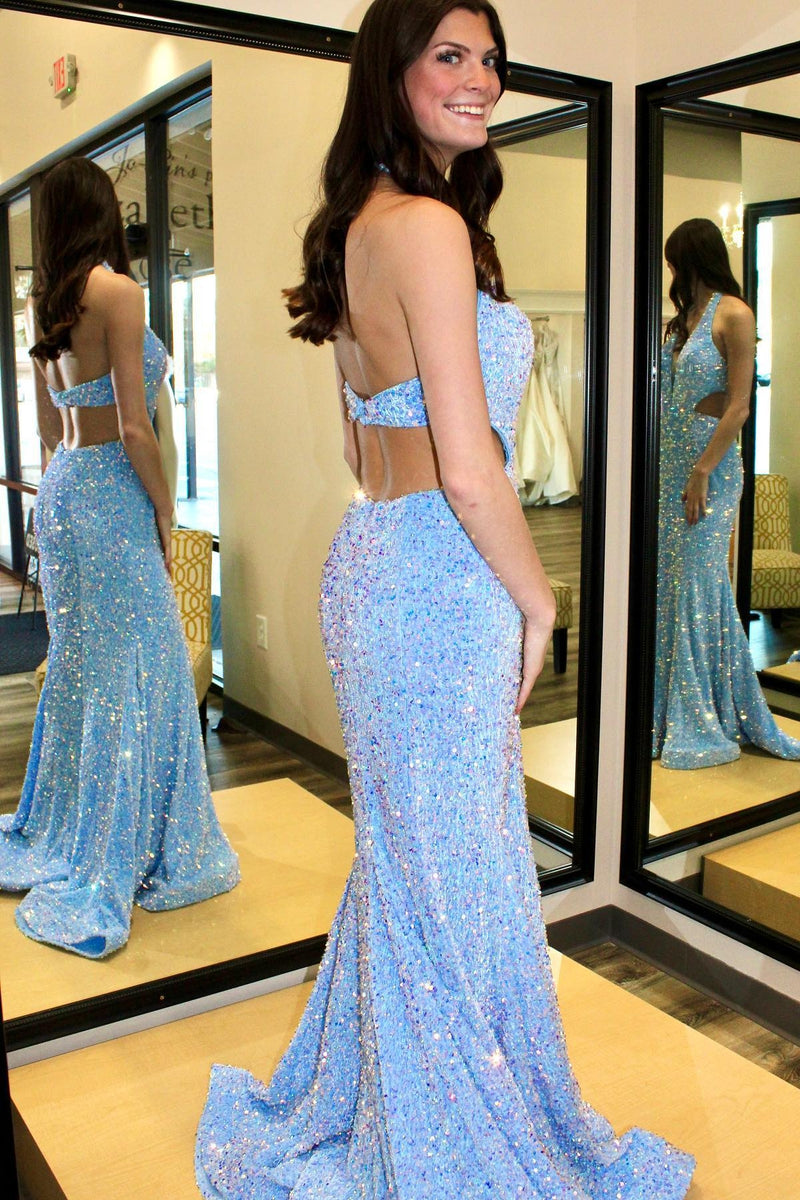 White Iridescent Sequin Halter Cutout Mermaid Long Prom Gown