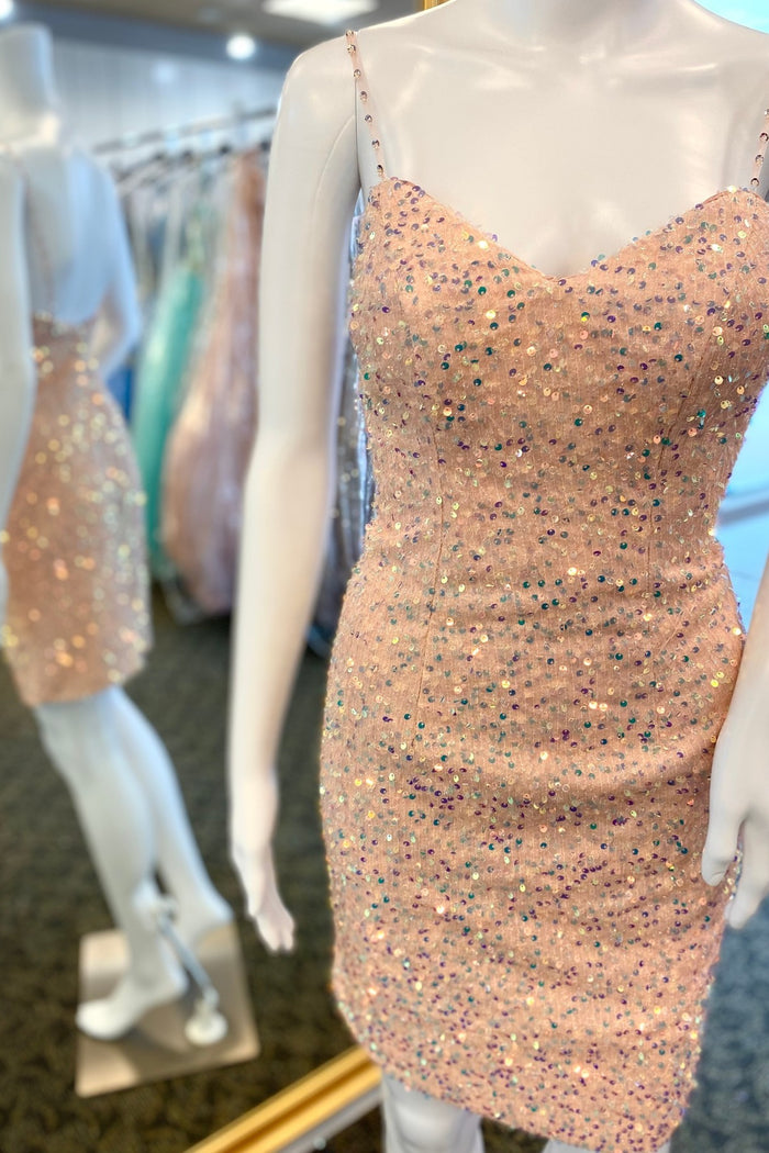Pink Sequin Bodycon Homecoming Dress with Straps