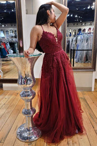 Wine Red Lace Plunge V Lace-Up A-Line Prom Dress