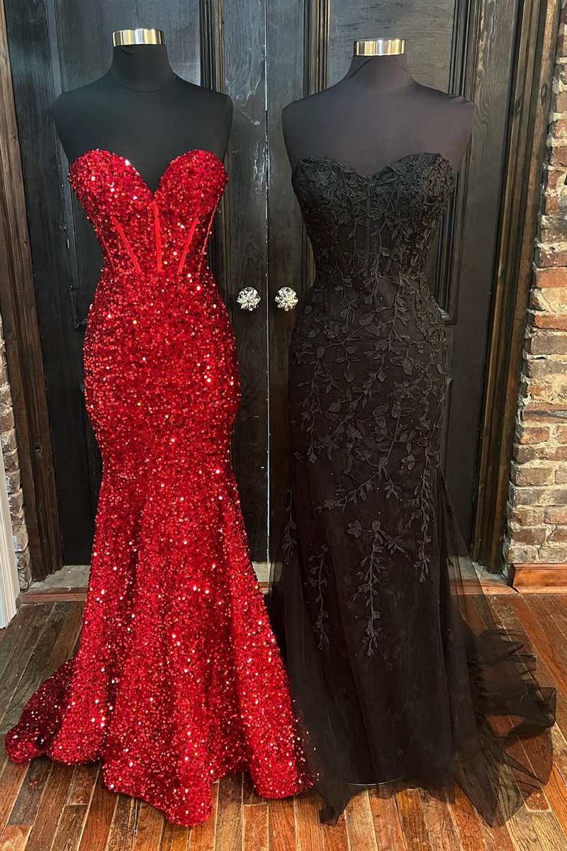 Sweetheart Trumpet Mermaid Puffy Sleeve Sequin Prom Dress