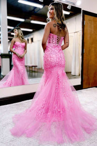 Hot Pink Appliques Sweetheart Trumpet Long Prom Gown