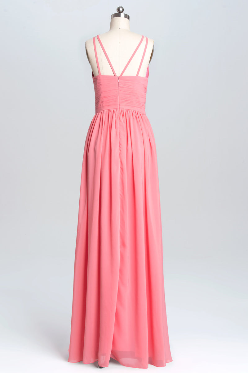 Coral Double Straps Pleated A-line Bridesmaid Dress