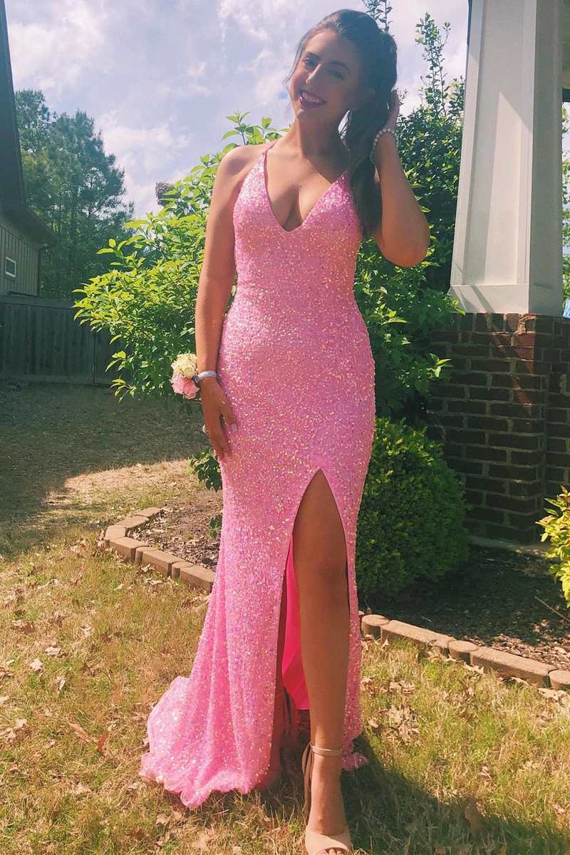 Pink Iridescent Sequin V-Neck Mermaid Long Prom Dress with Slit