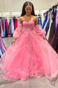 Hot Pink Floral Lace Sweetheart A-Line Prom Gown with Sleeves