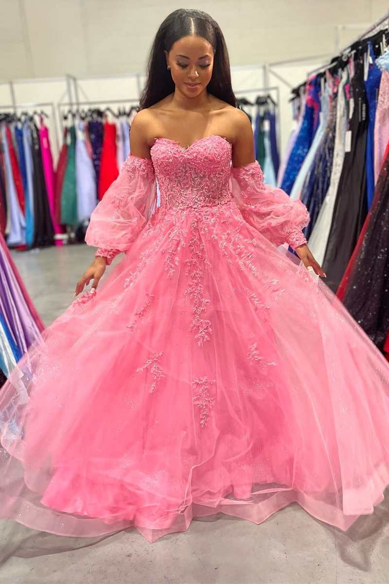 Hot Pink Floral Lace Sweetheart A-Line Prom Gown with Sleeves