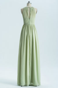 Sage Green Chiffon High Neck Long Bridesmaid Dress
