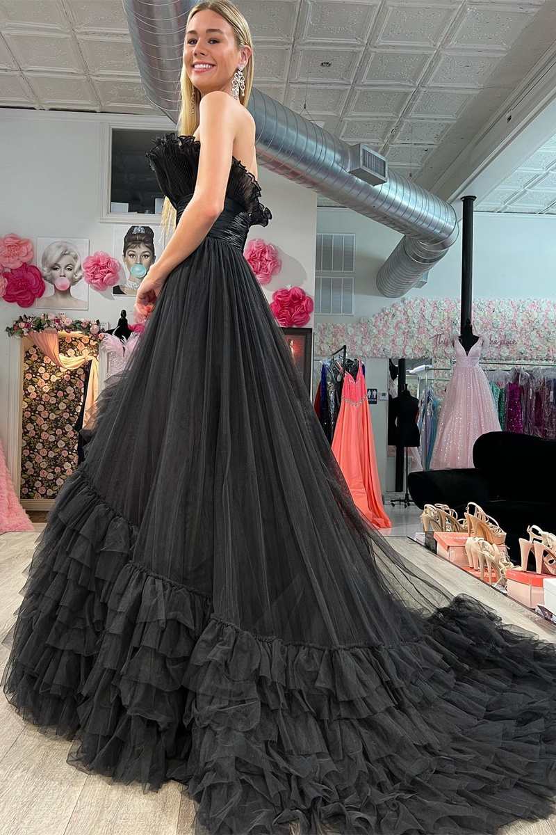 Black Tulle Strapless Belted Tiered Long Dress with Ruffles
