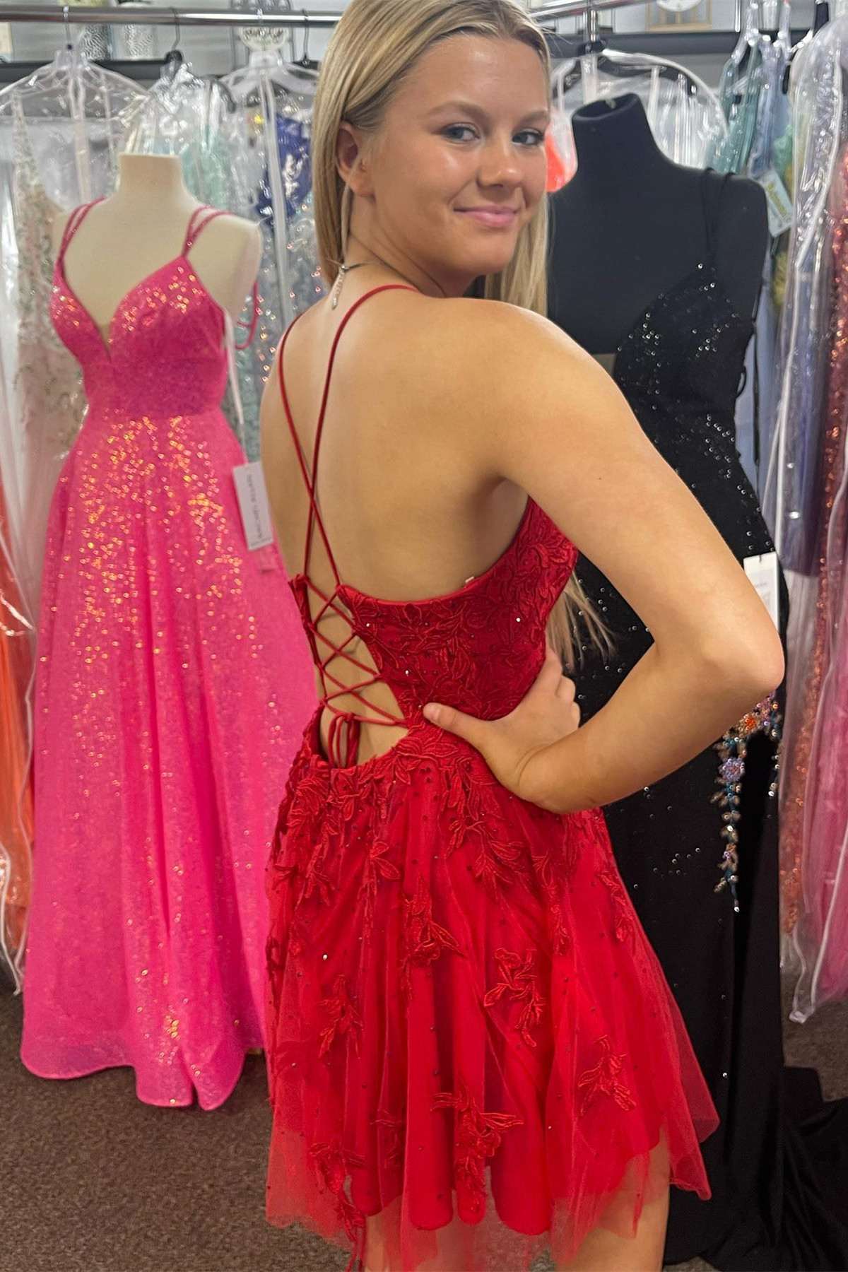 Red Appliques V-Neck Lace-Up A-Line Homecoming Dress