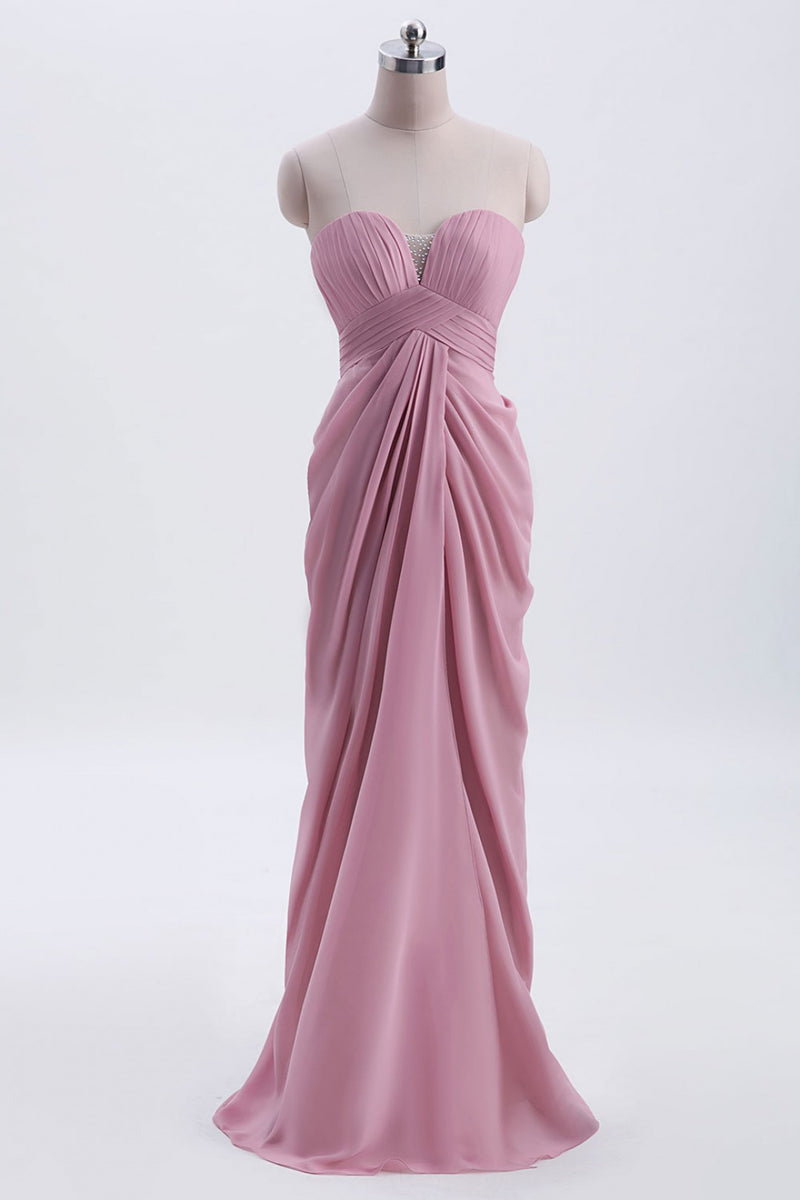 Strapless Blush Pink Draped High Waist Long Bridesmaid Dress