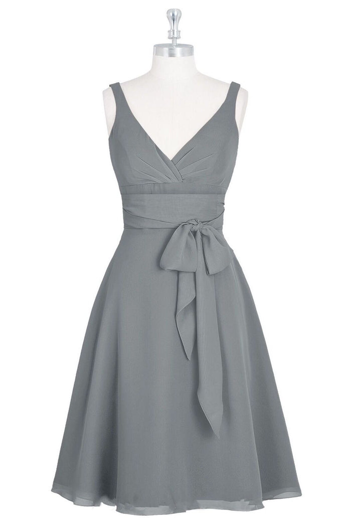 Grey Chiffon V-Neck Tie Front A-Line Short Bridesmaid Dress