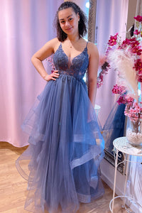Blue Deep V Neck Beaded Appliques Multi-Layers Long Prom Dress