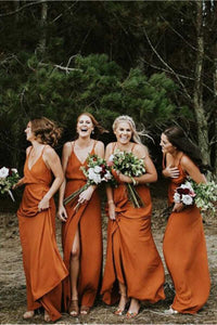 Burnt Orange Spaghetti Straps Long Bridesmaid Dress with Slit
