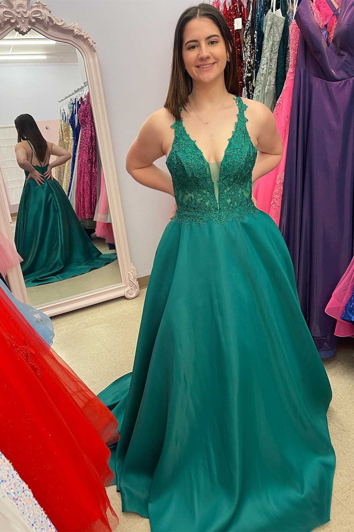 Green Lace V-Neck A-Line Long Prom Dress with Pockets – Dreamdressy