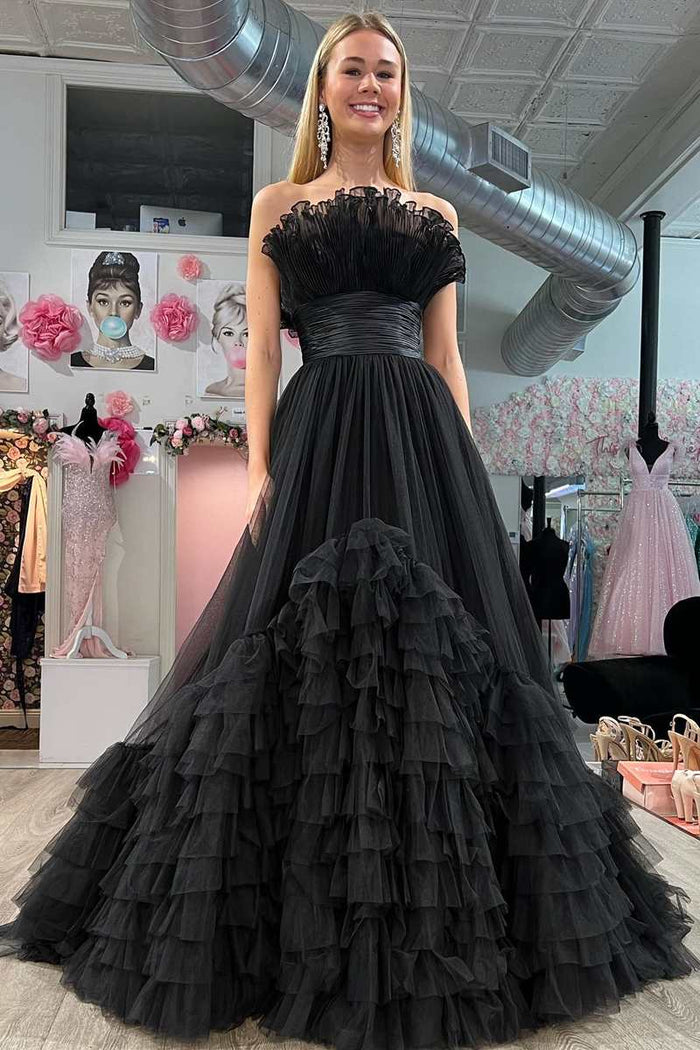 Black Tulle Strapless Belted Tiered Long Dress with Ruffles