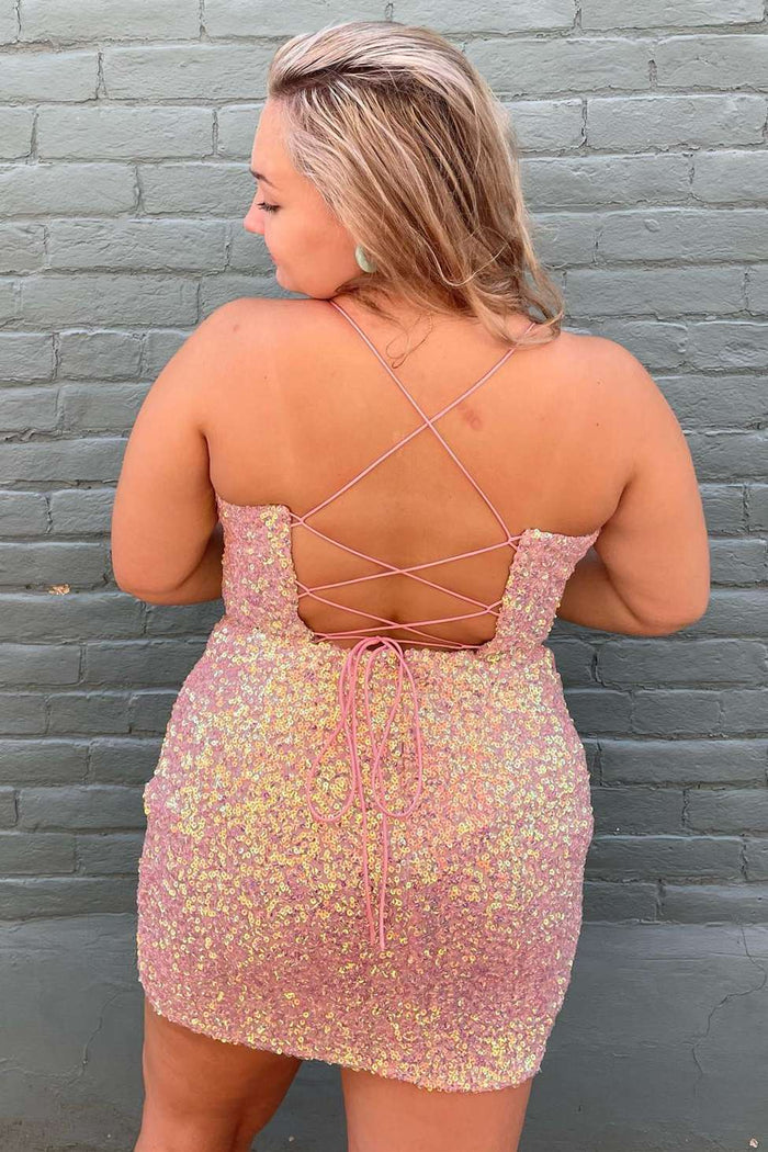 Pink Iridescent Sequin Plunge V Lace-Up Short Homecoming Dress