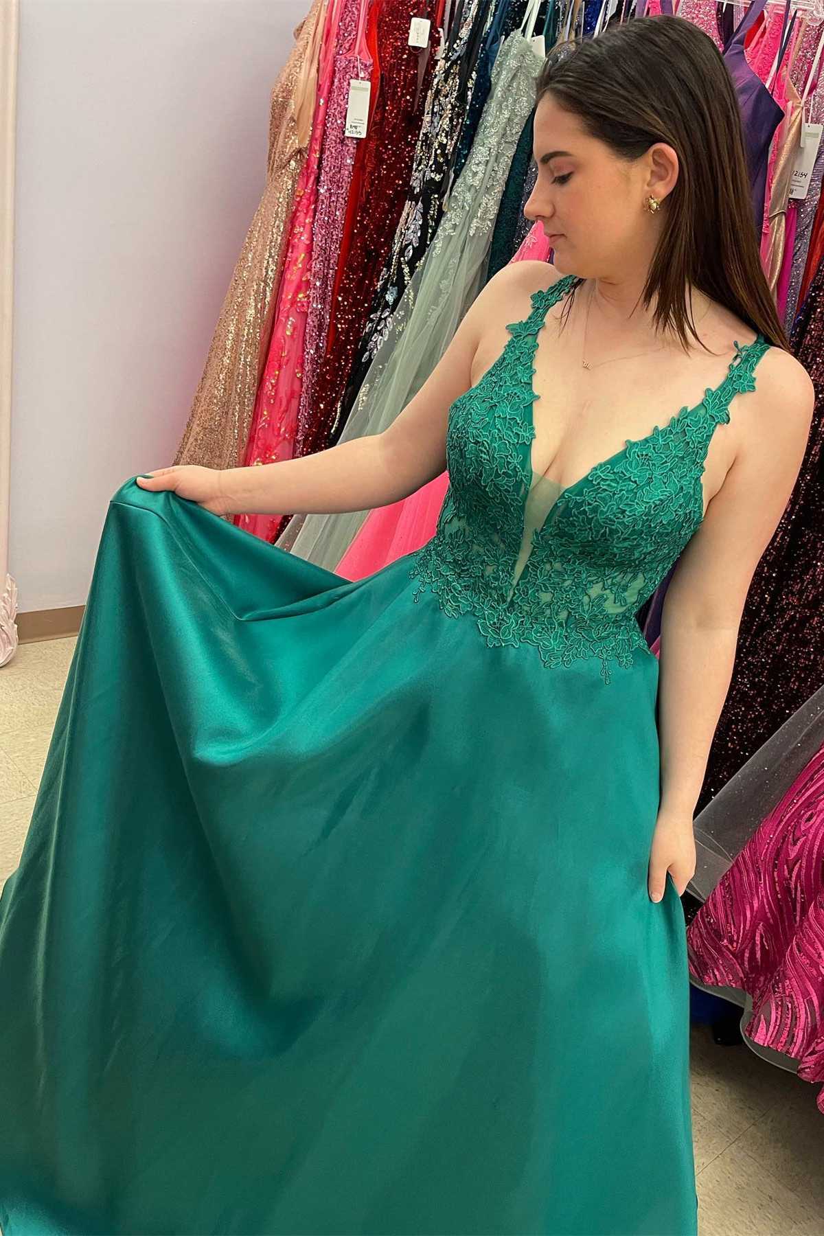 Green Lace V-Neck A-Line Long Prom Dress with Pockets