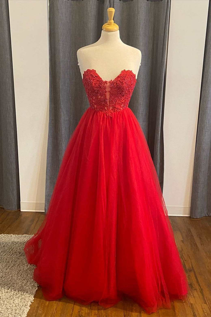 Red Lace Tulle Sweetheart A-Line Prom Dress