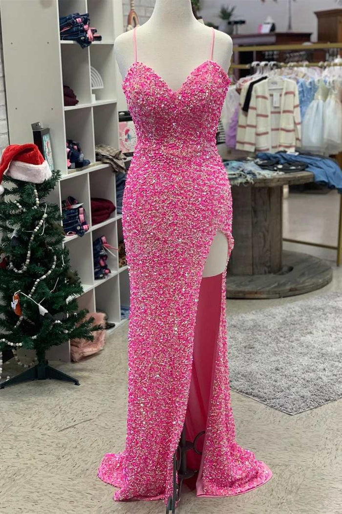 Hot Pink Sequin Sweetheart Long Prom Dress with Slit
