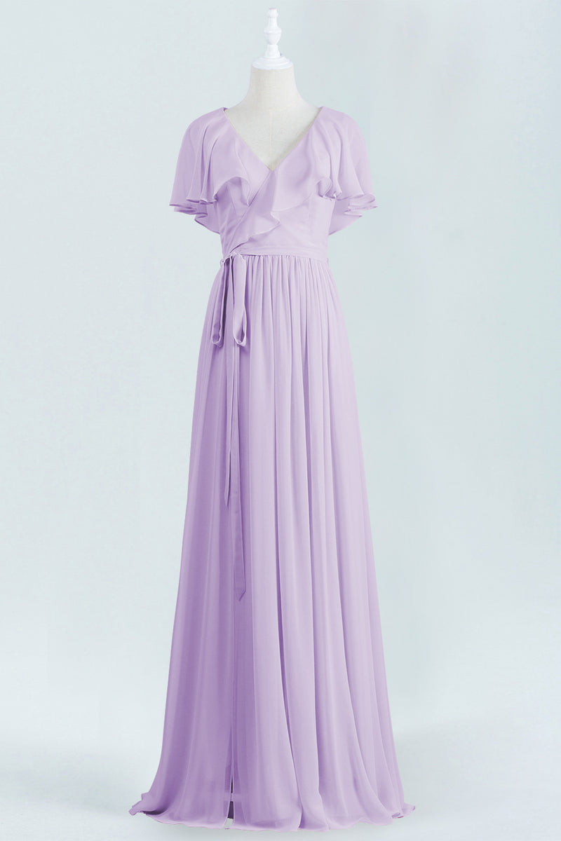 Lavender Faux Wrap Ruffles Long Bridesmaid Dress