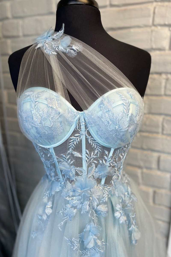 One-Shoulder Light Blue Tulle 3D Floral Lace A-Line Prom Dress
