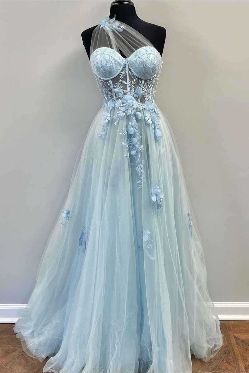 One-Shoulder Light Blue Tulle 3D Floral Lace A-Line Prom Dress