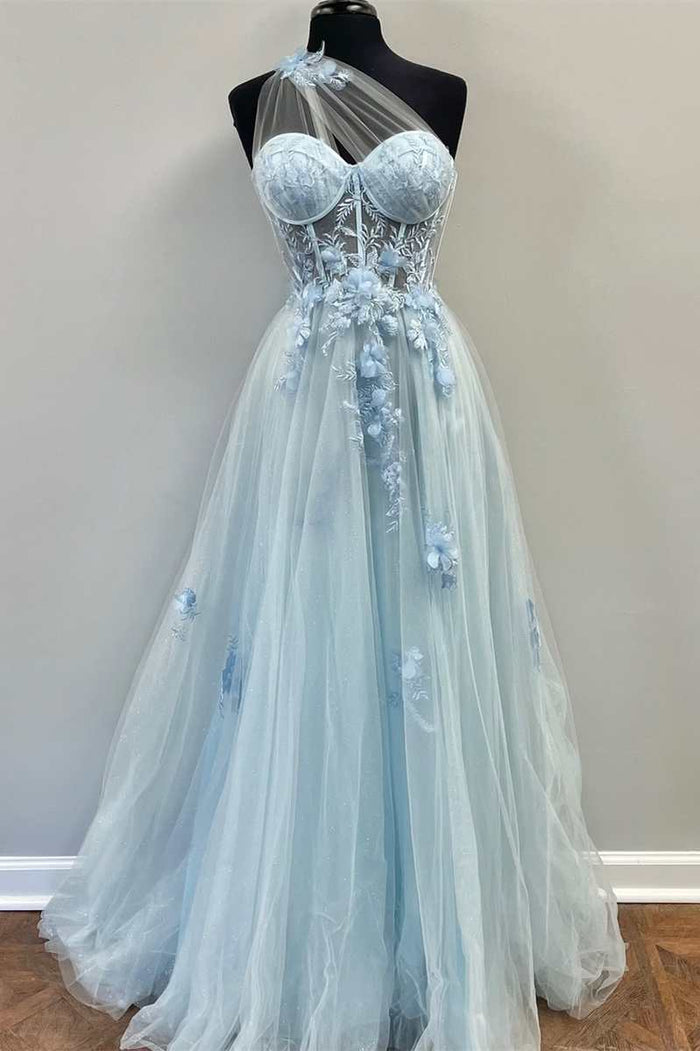 Light Blue Floral Lace Open Back A-Line Prom Dress