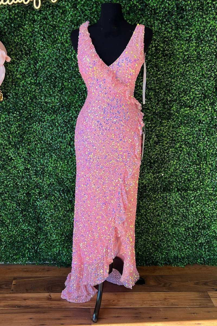 Pink Iridescent Sequin Surplice Neck Ruffles Mermaid Long Formal Dress