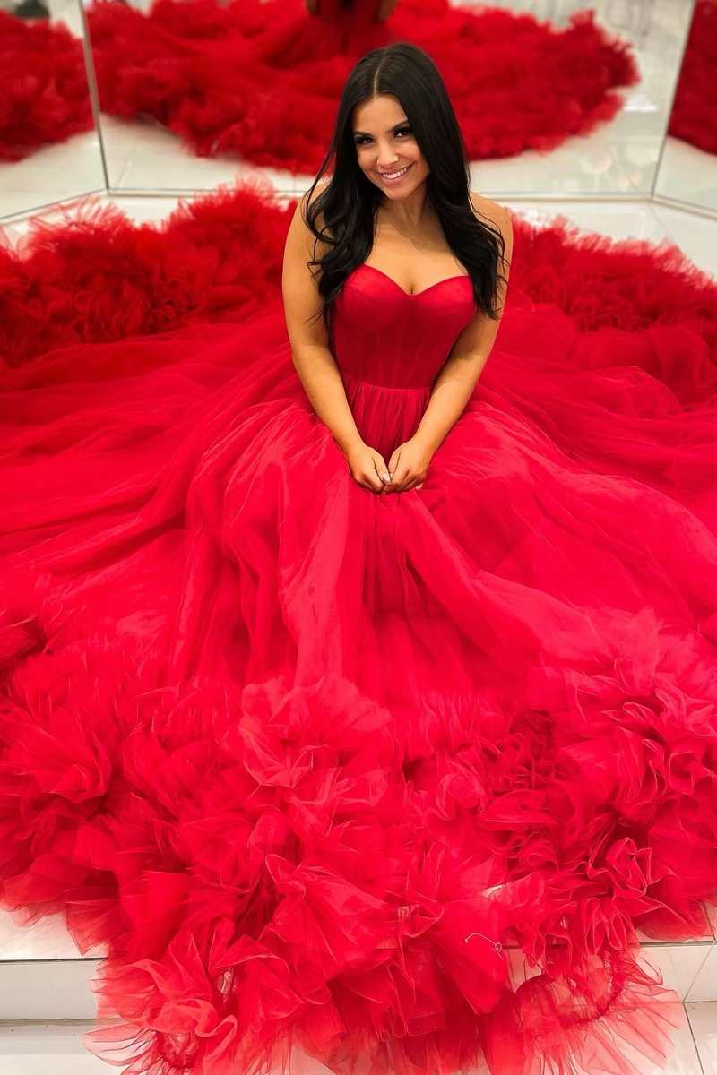 Red Sweetheart A-Line Long Prom Gown with Ruffles