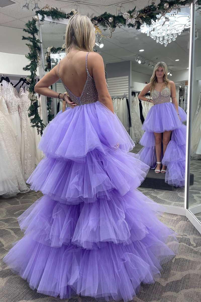 High-Low Lavender Beaded Multi-Tiered Prom Dress