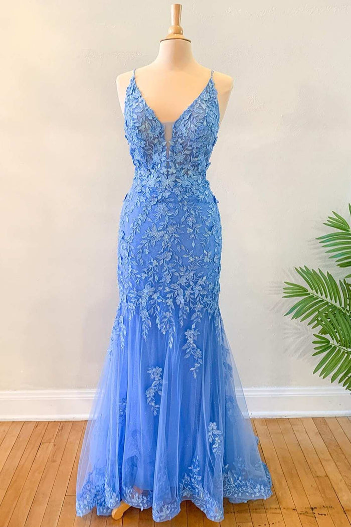 Blue Floral Appliques Backless Mermaid Long Prom Dress