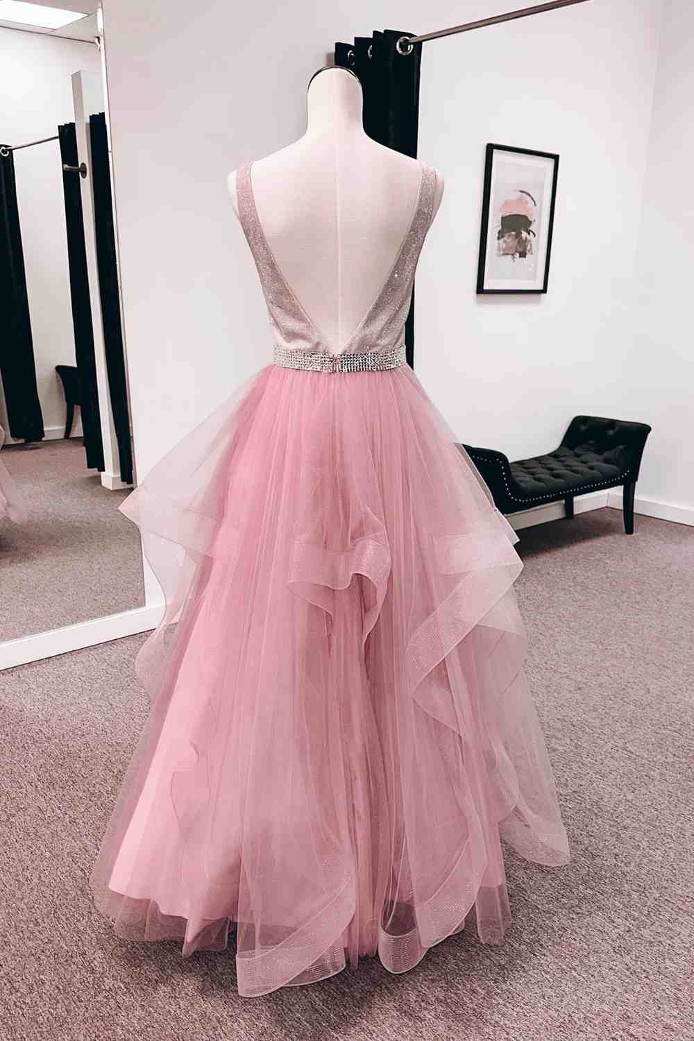 Pink A-line V Neck Tulle Layers Long Prom Dress with Bleaded Sash