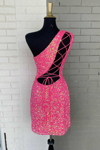 One Shoulder Hot Pink Mini Party Dress