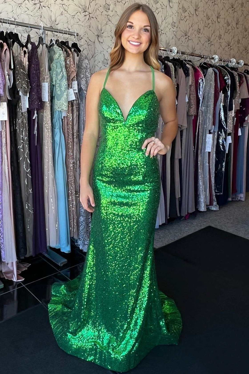 Green Sequin V-Neck Lace-Up Back Mermaid Prom Gown
